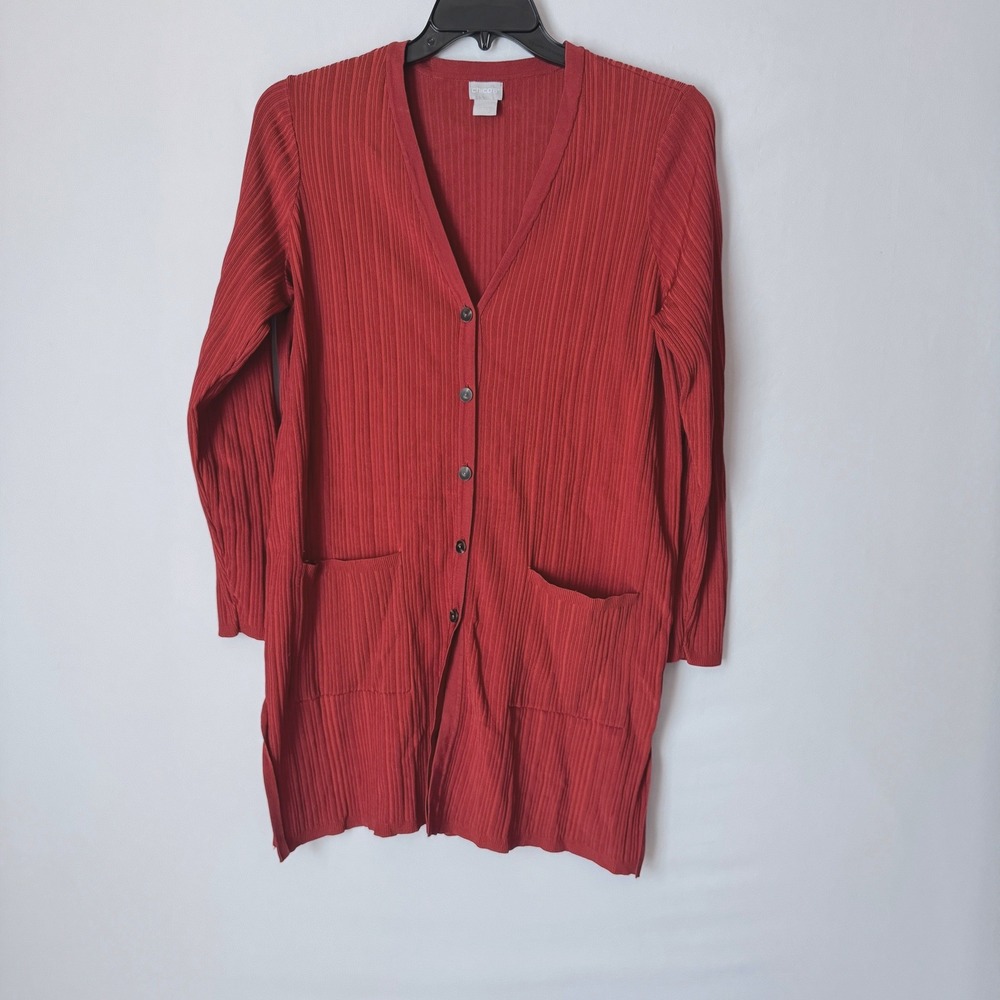 Chico's Cardigan Ribbed Longline Women Size 2 Button Front Pockets